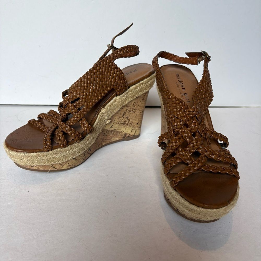 Madden Girl Brown High Wedge Sandals Kahara Braided Straps Size 7.5M